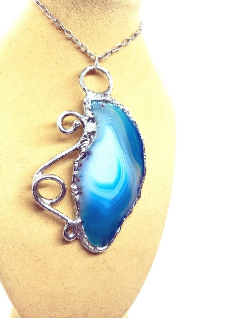 Agate crystal necklace handmade blue ooak statement piece